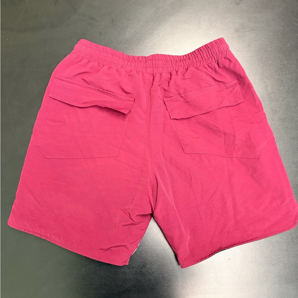 Rhude Men's Burgundy Athletic Shorts with Yellow Drawstring - Picture 2 of 4